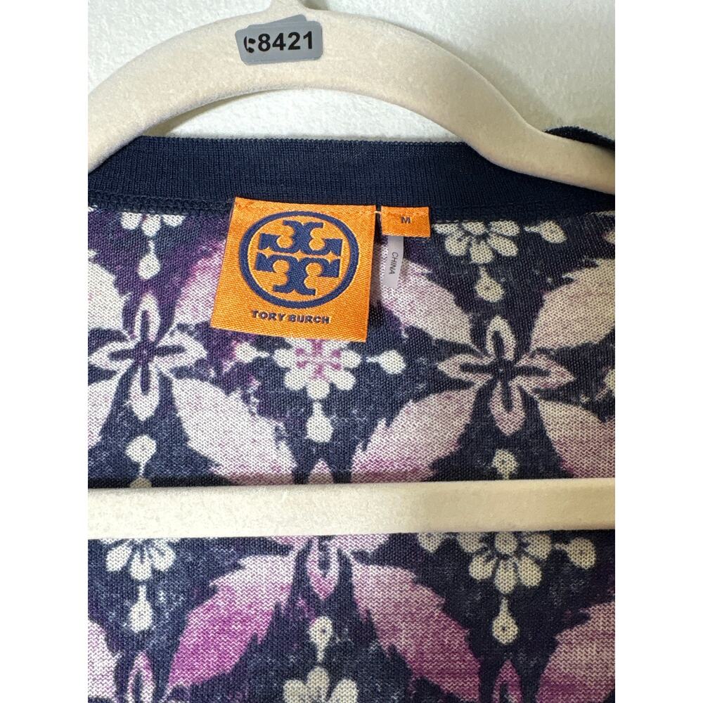 Tory Burch Purple Off White Long Sleeve Wool Cardigan Sz M - Picture 2 of 3